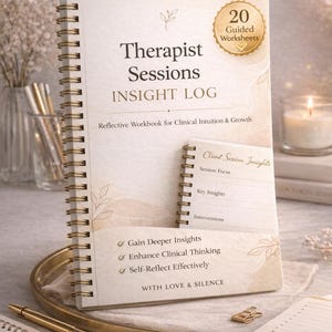 Könnte beinhalten: Ein spiralgebundenes Arbeitsbuch "Therapist Sessions Insight Log" mit 20 geführten Arbeitsblättern. Das Cover ist cremefarben mit goldenen Akzenten und Text. Das Arbeitsbuch enthält Abschnitte für Einblicke in die Klientensitzung und Selbstreflexion, mit dem Text "With Love & Silence".