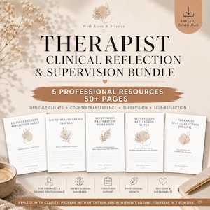 May include: A digital therapist clinical reflection and supervision bundle featuring five professional resources and over 50 pages. The document set includes a difficult client reflection sheet, countertransference tracker, supervision workbook, notes, and a self-reflection journal.