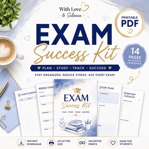 Könnte beinhalten: Ein druckbares PDF-Prüfungserfolgs-Set mit 14 Seiten für Lernpläne, Zeitpläne und Checklisten. Das Design umfasst marineblauen und goldenen Text, Aquarellakzente sowie Illustrationen von gestapelten Büchern, Stiften und einer Doktorhut.