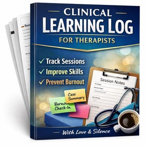 Könnte beinhalten: Ein klinisches Lerntagebuch für Therapeuten mit dem Text "Clinical Learning Log for Therapists". Das Cover ist dunkelblau mit goldenen Akzenten. Das Logbuch enthält Abschnitte zur Verfolgung von Sitzungen, zur Verbesserung der Fähigkeiten und zur Vermeidung von Burnout.