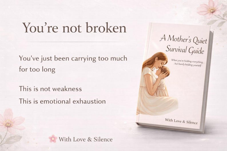 May include: A book titled A Mother's Quiet Survival Guide with an illustration of a mother holding a child. The text reads: You're not broken, You've just been carrying too much for too long, This is not weakness, This is emotional exhaustion, With Love & Silence.