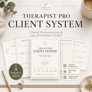 Peut inclure: Un kit d'outils de documentation clinique et de formulation de cas Therapist Pro Client System comprenant neuf modèles cliniques professionnels. L'ensemble inclut un profil client, des notes de séance, un suivi d'humeur et une fiche de cas.