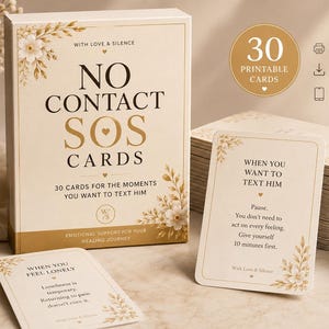 May include: A box set of 30 No Contact SOS Cards with cream packaging, gold floral accents, and black text. The box reads With Love & Silence, No Contact SOS Cards, 30 cards for the moments you want to text him. Includes individual cards with text.