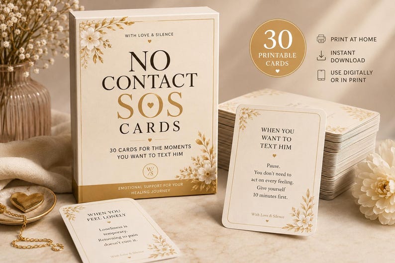May include: A box set of 30 No Contact SOS Cards with cream packaging, gold floral accents, and black text. The box reads With Love & Silence, No Contact SOS Cards, 30 cards for the moments you want to text him. Includes individual cards with text.