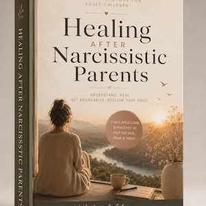 Può includere: Un libro intitolato "Healing After Narcissistic Parents" con una donna che guarda un panorama. La copertina include il testo: "Un quaderno di lavoro delicato per bambini adulti". Il dorso recita "Healing After Narcissistic Parents."