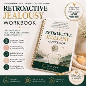 Op de afbeelding: Een spiraalgebonden Retroactive Jealousy Workbook met een witte kaft en een lijntekening van een persoon die naar een meer kijkt. De tekst luidt: A Guided Workbook to Heal Comparison, Overthinking & Anxiety About Your Partner's Past. Formaat 21,6 x 27,9 cm.