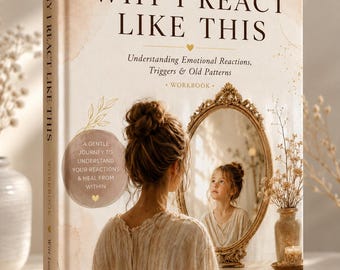 May include: A hardcover workbook titled Why I React Like This: Understanding Emotional Reactions, Triggers & Old Patterns. The cover features a beige watercolor background, a gold-framed mirror reflecting a person, and gold leaf illustrations.