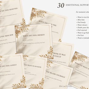 May include: A set of 30 square emotional support cards with cream backgrounds, gold borders, and botanical leaf illustrations. Each card features black text addressing feelings like rejection, loneliness, and missing someone, with a list of moments.