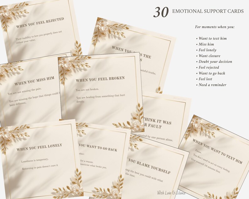 May include: A set of 30 square emotional support cards with cream backgrounds, gold borders, and botanical leaf illustrations. Each card features black text addressing feelings like rejection, loneliness, and missing someone, with a list of moments.