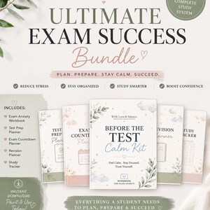 Può includere: Un pacchetto di sistema di studio 5-in-1 intitolato Ultimate Exam Success Bundle. Include un quaderno per l'ansia da esame, pianificatore di preparazione, conto alla rovescia, pianificatore di revisione e tracker di studio. Accenti verde salvia e rosa, formato 21,59 x 27,94 cm.