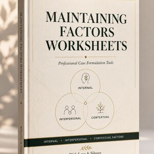 May include: A hardcover book titled "MAINTAINING FACTORS WORKSHEETS" with the subtitle "Professional Case Formulation Tools." The cover is cream-colored with gold accents and a graphic of interconnected circles labeled "Internal," "Interpersonal," and "Contextual."