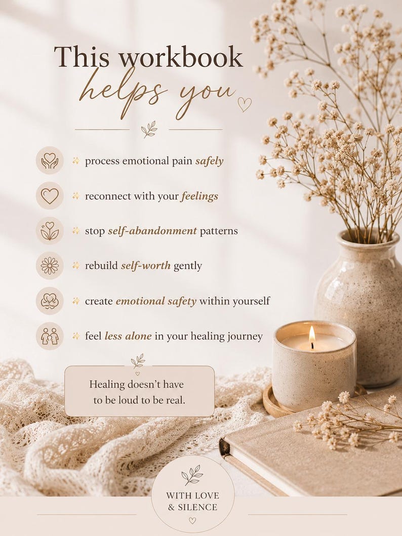 May include: A beige workbook with the text "This workbook helps you" and bullet points about emotional healing. A lit candle, vase of flowers, and a book are also in the image. The text "Healing doesn't have to be loud to be real" is also visible.