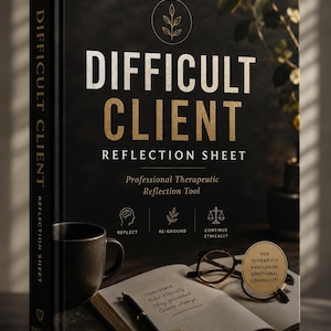 May include: A book titled "Difficult Client Reflection Sheet" with gold and white lettering on a black cover. The book is open to a page with handwritten notes. A coffee mug, pen, and glasses rest beside the book. The text reads "For Therapists Navigating Emotional Complexity."