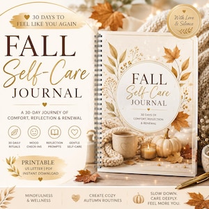 Może przedstawiać: Spiralny dziennik jesiennej samopielegnacji z okładką przedstawiającą jesienne liście, kubek i dynię. Tekst głosi: Fall Self-Care Journal, 30 Days of Comfort, Reflection & Renewal. Zawiera ikony dotyczące codziennych rytuałów i refleksji.