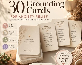 30 Grounding Cards for Anxiety, Coping Skills, Mindfulness Tools (Printable PDF)