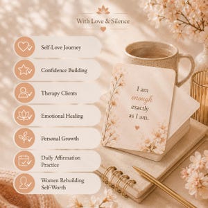 May include: A deck of affirmation cards with a beige floral design. The top card features the text 'I am enough exactly as I am.' A list of uses is displayed on the left, including 'Self-Love Journey', 'Confidence Building', and 'Therapy Clients'.