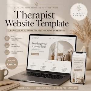 Könnte beinhalten: Ein Laptop und ein Smartphone zeigen eine Website-Vorlage für Therapeuten. Die Vorlage hat ein beruhigendes Design mit dem Text "Therapist Website Template" und "You deserve a space to heal". Das Bild enthält eine Tasse, einen Notizblock und einen Stift.