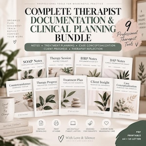 May include: A complete therapist documentation and clinical planning bundle featuring nine professional tools. The set includes templates for SOAP notes, therapy session notes, BIRP notes, DAP notes, countertransference, progress, treatment plans, client insight, and case conceptualisation.