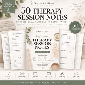 Könnte beinhalten: Eine digitale Vorlage für 50 Therapiesitzungsnotizen mit professionellen klinischen Dokumentationsformularen. Das Dokument enthält Abschnitte für Klienteninformationen, Sitzungszusammenfassungen, Interventionen, Stimmung, Fortschritt und Hausaufgaben.