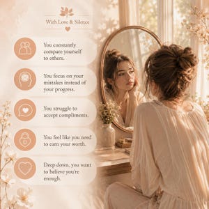 May include: A beige graphic poster titled With Love & Silence featuring five icons and text points about self-worth. The text lists: You constantly compare yourself to others, focus on mistakes, struggle to accept compliments, need to earn worth, and want to believe you're enough. A person is reflected in a round mirror.
