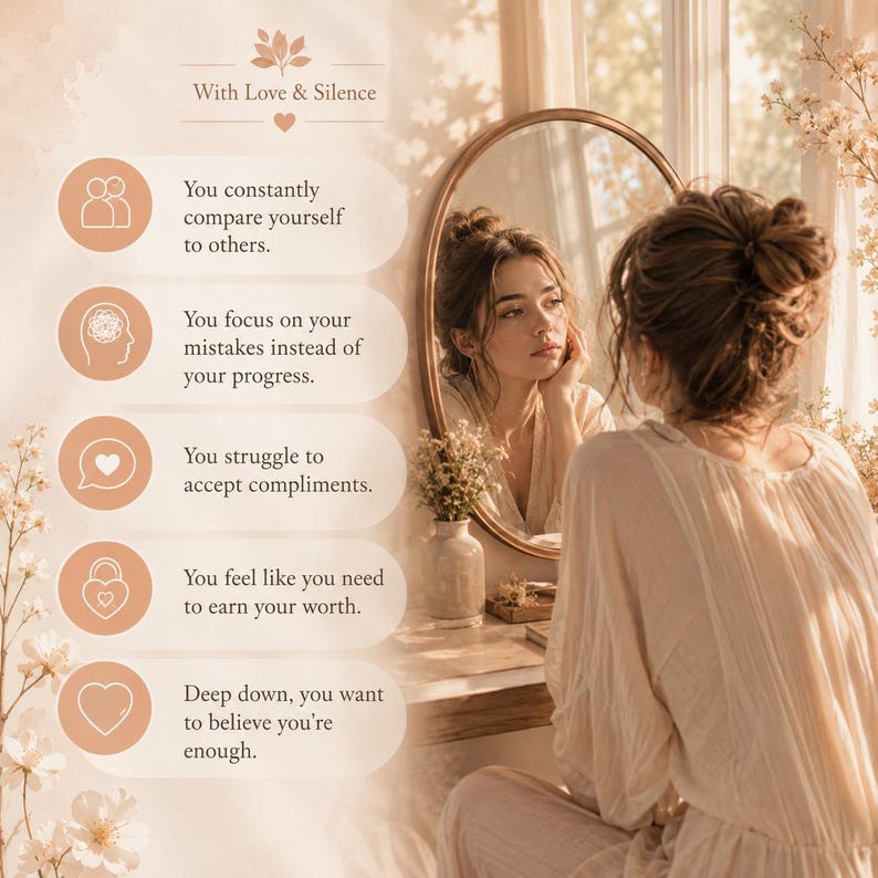 May include: A beige graphic poster titled With Love & Silence featuring five icons and text points about self-worth. The text lists: You constantly compare yourself to others, focus on mistakes, struggle to accept compliments, need to earn worth, and want to believe you're enough. A person is reflected in a round mirror.