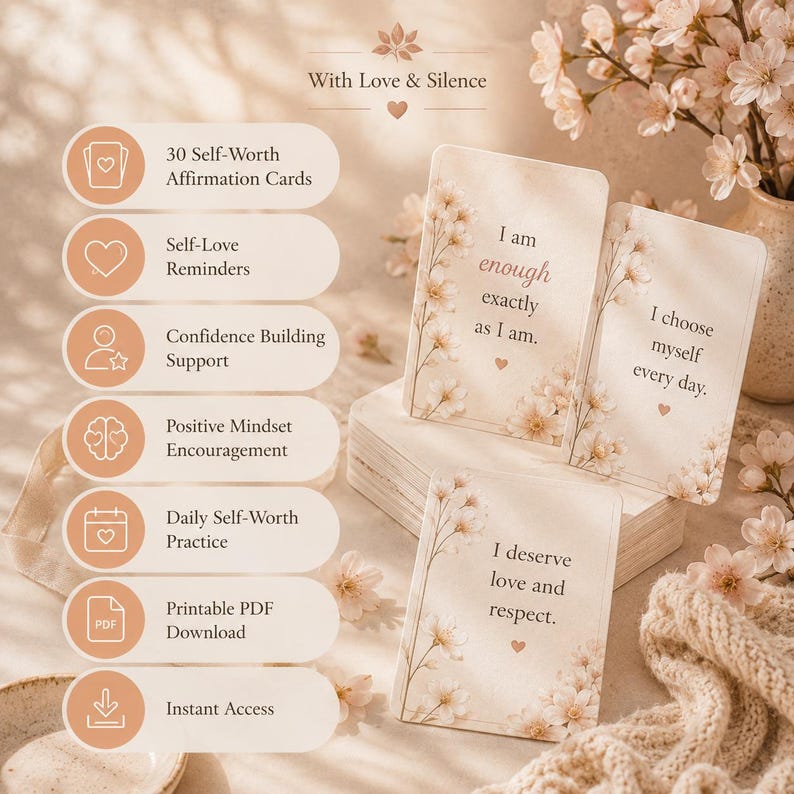 May include: A set of 30 self-worth affirmation cards featuring floral illustrations and text including I am enough exactly as I am, I choose myself every day, and I deserve love and respect. The cards are displayed with a list of features.
