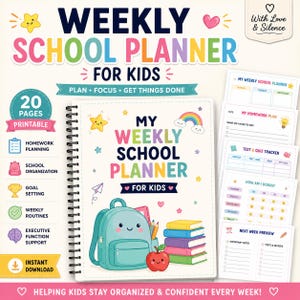 May include: A spiral-bound weekly school planner for kids featuring a light-colored cover with a cartoon backpack, a stack of books, an apple, a rainbow, and stars. The text reads My Weekly School Planner For Kids. Includes printable pages for homework, tests, and goals.
