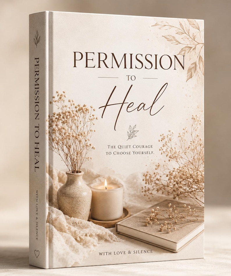 May include: A hardcover book titled "PERMISSION TO HEAL" with the subtitle "THE QUIET COURAGE TO CHOOSE YOURSELF." The cover is beige with floral accents and a lit candle. The spine reads "PERMISSION TO HEAL WITH LOVE & SILENCE."