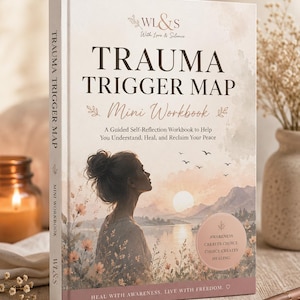 May include: A softcover workbook titled Trauma Trigger Map Mini Workbook with a cream-colored cover featuring a sunset landscape, a silhouette of a person, and the text: Awareness creates choice. Choice creates healing. Heal with awareness. Live with freedom.