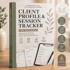 May include: A Client Profile & Session Tracker book for therapists and coaches. The cover is light green with the title in large black letters. The book includes sections for client profiles, session notes, progress tracking, and is confidential and secure.