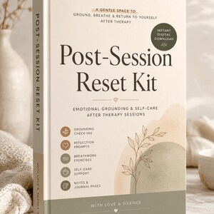 Könnte beinhalten: Ein Buch mit dem Titel "Post-Session Reset Kit" auf dem Cover. Das Buch ist weiß mit einem weichen Aquarelldesign und enthält Text über emotionale Erdung und Selbstfürsorge nach Therapiesitzungen.