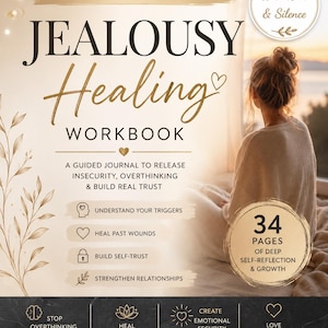 以下が含まれることがあります： Jealousy Healing Workbookというタイトルのソフトトーンのワークブック。サブタイトルはA Guided Journal to Release Insecurity, Overthinking & Build Real Trust。金色の文字、植物のイラスト、34 Pages of Deep Self-Reflection & Growthと書かれた円形のバッジが特徴です。