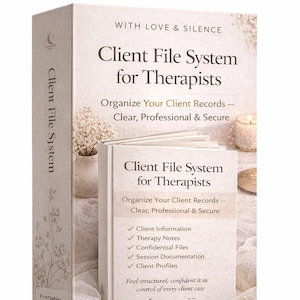 May include: A beige box set titled "Client File System for Therapists" with a smaller book of the same title. The set promises to organize client records, offering clear, professional, and secure storage for therapists. Includes printables and templates.
