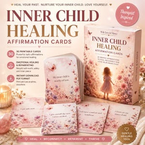 May include: A set of Inner Child Healing Affirmation Cards featuring a box and individual cards with floral illustrations, butterflies, and text including "My inner child is worthy of love," "I am safe now," and "I give myself the care I once needed."