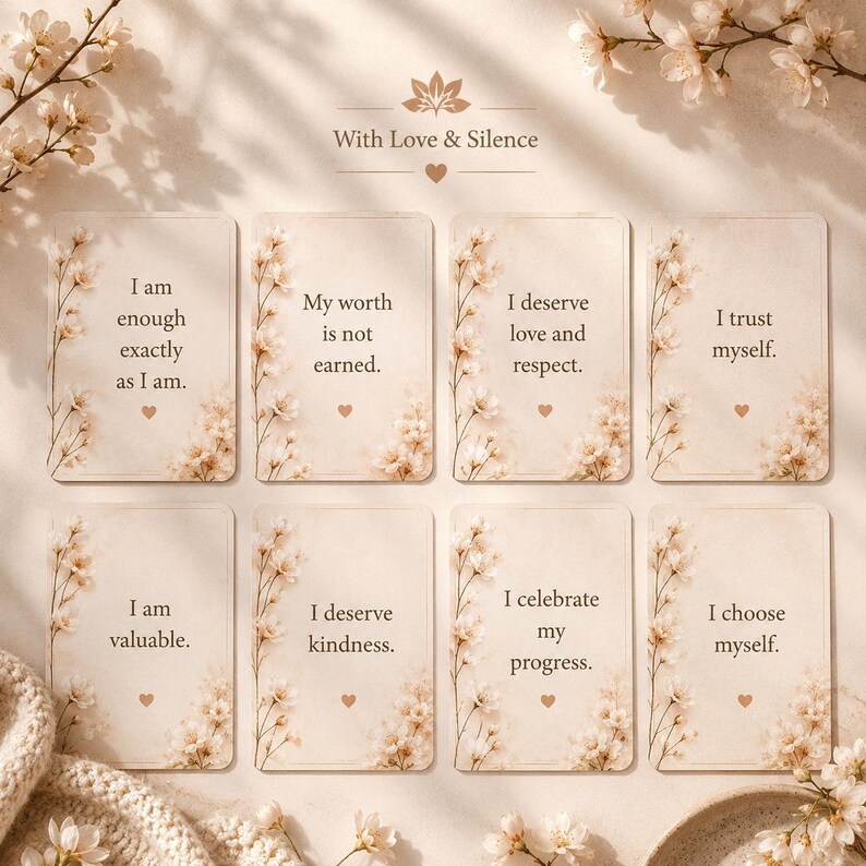 May include: Eight rectangular affirmation cards with cream backgrounds and delicate white floral illustrations. Each card features a unique positive statement and a small heart icon. The text "With Love & Silence" appears at the top center.