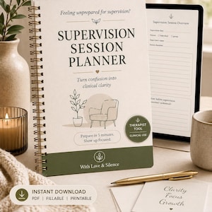 Könnte beinhalten: Ein spiralgebundener "Supervision Session Planner" mit dem Text "Feeling unprepared for supervision?" und "Turn confusion into clinical clarity." Der Planer enthält einen Abschnitt für ein 5-Minuten-Vorbereitungsblatt und ist als Therapeutentool gekennzeichnet.