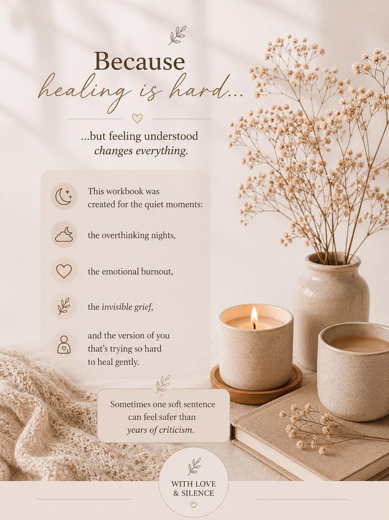 May include: A serene image featuring a lit candle, a book, and a vase with dried flowers. The text reads "Because healing is hard..." and "...but feeling understood changes everything." The image evokes a sense of calm and self-care.