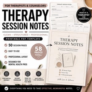 Può includere: Un modello PDF stampabile intitolato "Note della sessione di terapia" per terapisti e consulenti. Il design include il testo "50 pagine di sessione", "Facile da usare" e "Layout professionale". L'immagine include anche il testo "Tutto ciò di cui hai bisogno per prendere appunti efficaci e significativi."