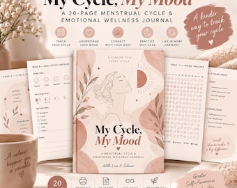 Op de afbeelding: Een 20-pagina tellend dagboek voor menstruatiecyclus en emotioneel welzijn genaamd My Cycle, My Mood. De kaft bevat een lijntekening van een persoon, een zon en bladeren in roze en beige tinten. Binnenpagina's tonen dagelijkse check-ins en trackers.