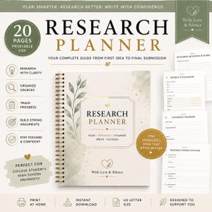 May include: A spiral-bound Research Planner with a cream cover featuring green watercolor leaves and gold text. The cover reads Research Planner, Plan, Research, Organize, Write, Succeed, and With Love & Silence. Includes 20 pages of printable PDF forms.