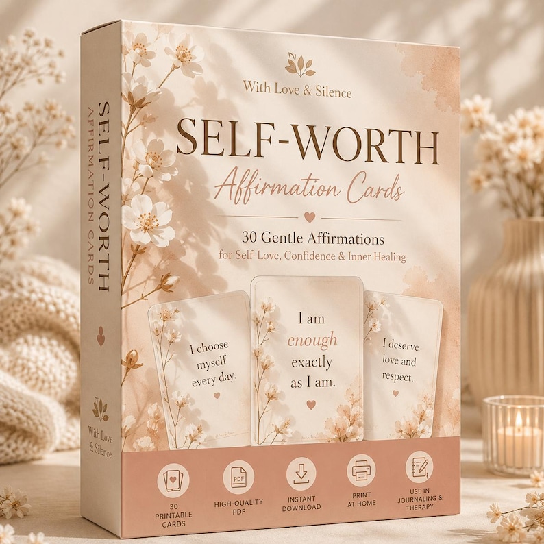May include: A rectangular box of Self-Worth Affirmation Cards featuring a beige and white floral design. The box displays the text With Love & Silence, Self-Worth Affirmation Cards, 30 Gentle Affirmations, and three sample cards with text.