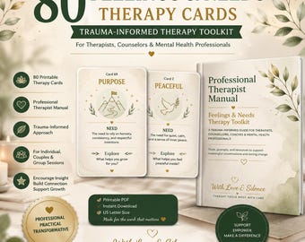 Feelings & Needs Therapy Cards | 80 Printable Emotion Cards | Trauma-Informed Therapist Toolkit | Counseling PDF