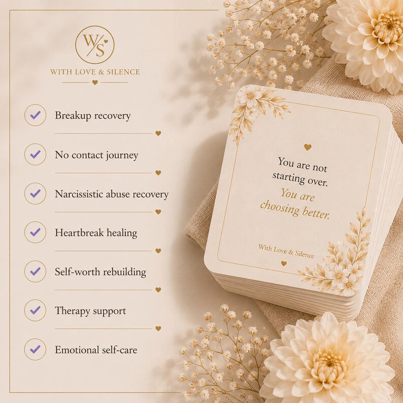 May include: A deck of cream-colored affirmation cards with gold floral accents. The top card reads: You are not starting over. You are choosing better. With Love & Silence. A list includes: Breakup recovery, No contact journey, Narcissistic abuse recovery, Heartbreak healing, Self-worth rebuilding, Therapy support, Emotional self-care.