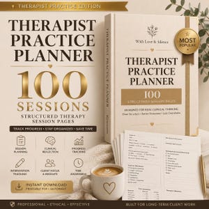 May include: A cream-colored therapist practice planner with gold text reading 100 Sessions, featuring a matching hardcover book, a printed session page, and a white ceramic mug with a heart icon. The planner includes sections for clinical notes.