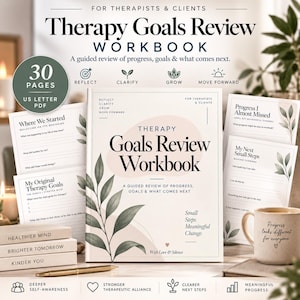 May include: A Therapy Goals Review Workbook with 30 pages in US Letter PDF format. The cover features botanical illustrations, the title, and the text Small Steps, Meaningful Change. Included are interior pages with prompts and a mug with text.