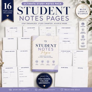 Może przedstawiać: Cyfrowy pakiet 16 stron notatek do druku dla uczniów, z okładką spiralną z napisem Student Notes Pages, Every Page You Need To Study, Learn & Succeed. Zawiera szablony Cornell, notatek z wykładów, map myśli oraz arkusze w kratkę i kropki.
