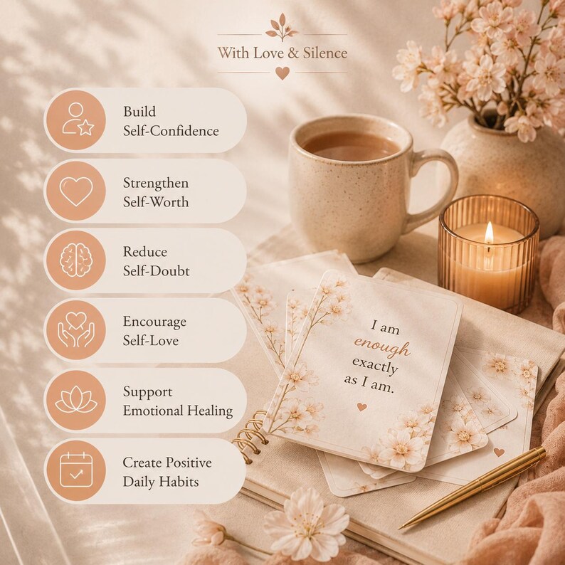 May include: A set of affirmation cards with floral designs and the text I am enough exactly as I am. The cards are displayed alongside a ceramic mug, a lit candle in a ribbed glass holder, and a gold pen. A list of benefits includes Build Self-Confidence, Strengthen Self-Worth, Reduce Self-Doubt, Encourage Self-Love, Support Emotional Healing, and Create Positive Daily Habits.