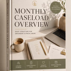 Könnte beinhalten: Ein beigefarbener "Monthly Caseload Overview"-Planer mit dem Text "Monthly Caseload Overview" und "Quiet Structure for Grounded Clinical Work". Der Planer enthält eine Kaffeetasse, ein Notizbuch, einen Stift und einen Laptop. Der Text "Designed for Therapists, By a Therapist" ist ebenfalls sichtbar.