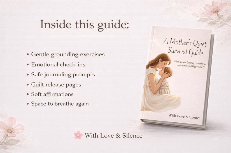 May include: A book titled A Mother's Quiet Survival Guide with an illustration of a mother holding a child. The text lists contents: Gentle grounding exercises, Emotional check-ins, Safe journaling prompts, Guilt release pages, Soft affirmations, Space to breathe again.