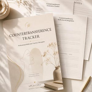 May include: A beige "Countertransference Tracker" notebook with the text "Professional Reflection Tool for Therapists" and a line drawing of two faces. Several loose-leaf papers and a pen are also visible.